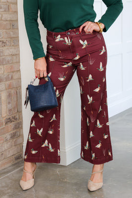 Mallard Printed Burgundy Wide Leg Jean Burgundy / Medium | The Willow Tree