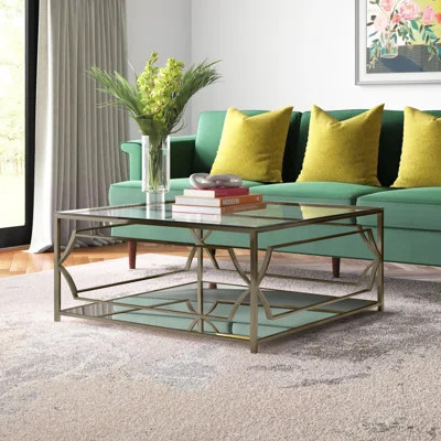 Pangea Home Edward Square Coffee Table - 4 Legs Modern/Glam Coffee Table with Storage - Modern Square Coffee Table – Tempered Glass Top with Steel Fra | Wayfair North America