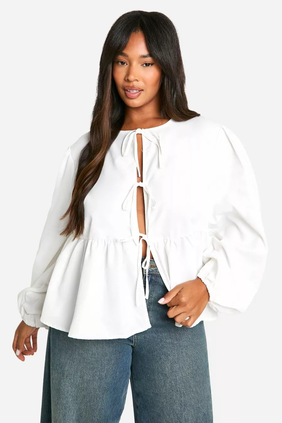 Plus Tie Front Long Sleeve Smock Top | boohoo (US & Canada)