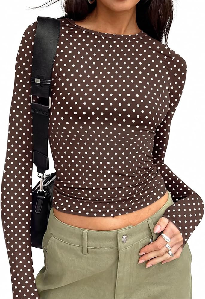 COCCKO Womens Polka Dot Tops Long Sleeve Fitted Shirts Going Out Underscrub | Amazon (US)
