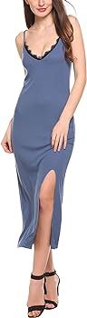 Women's Casual V Neck Spaghetti Straps Side Slit Maxi Cami Slip Dress | Amazon (US)