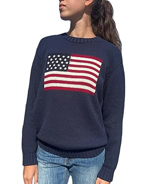 Women American Flag Sweater Long Sleeve Crew Neck Loose Fit Knit Pullover Tops USA Casual Loose P... | Amazon (US)