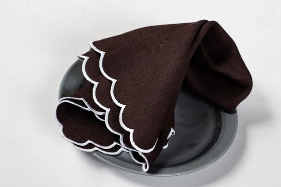 Chocolate Brown Linen Cloth Scallop Napkins Set Wedding - Etsy | Etsy (US)