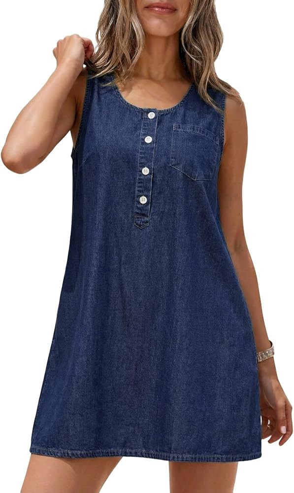 Dokotoo Womens Summer Sleeveless Crewneck Casual Denim Dress Loose Fit Button Vintage Dress | Amazon (US)