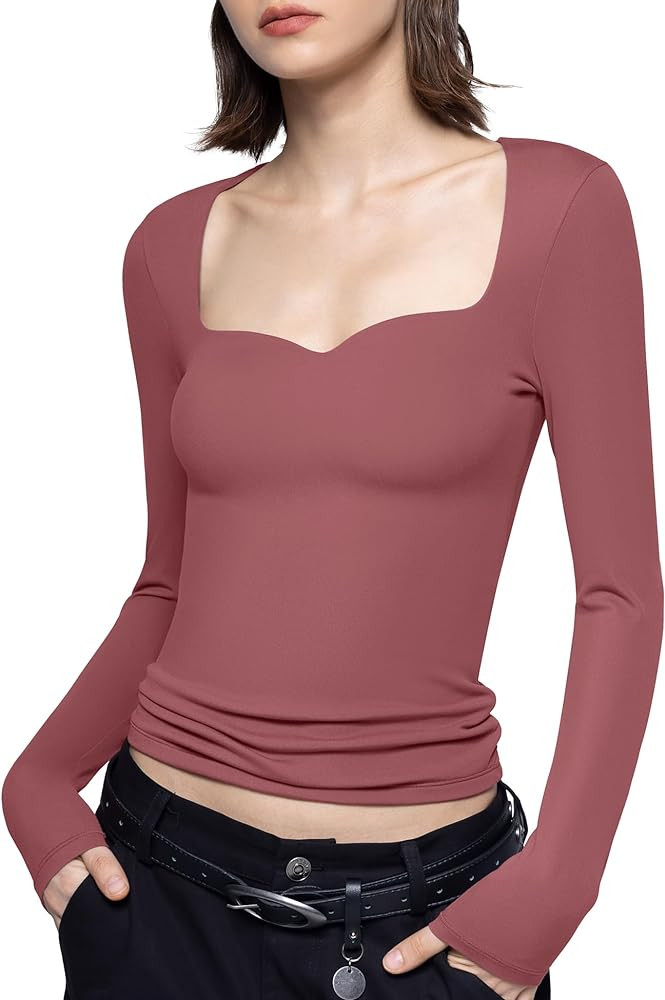 PUMIEY Women's Long Sleeve T Shirts Sweetheart Neck - Slim Fit Going Out Tops Sexy Basic Tee Smok... | Amazon (US)