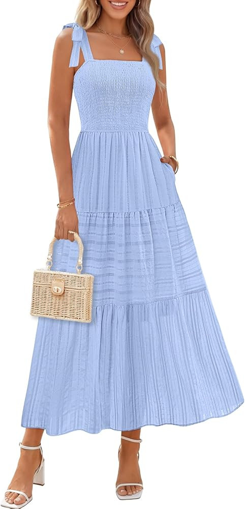 MEROKEETY Women's 2026 Summer Boho Midi Maxi Dress Beach Vacation Casual Sleeveless Smocked A Lin... | Amazon (US)
