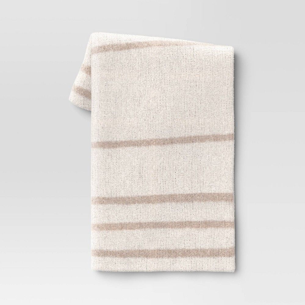 Cozy Feathery Knit Border Striped Throw Blanket Beige/Ivory - Threshold | Target