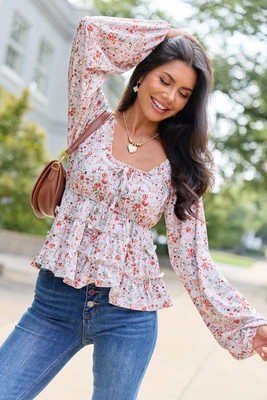 Blushing Grace Long Sleeve Floral Top Taupe | Pink Lily