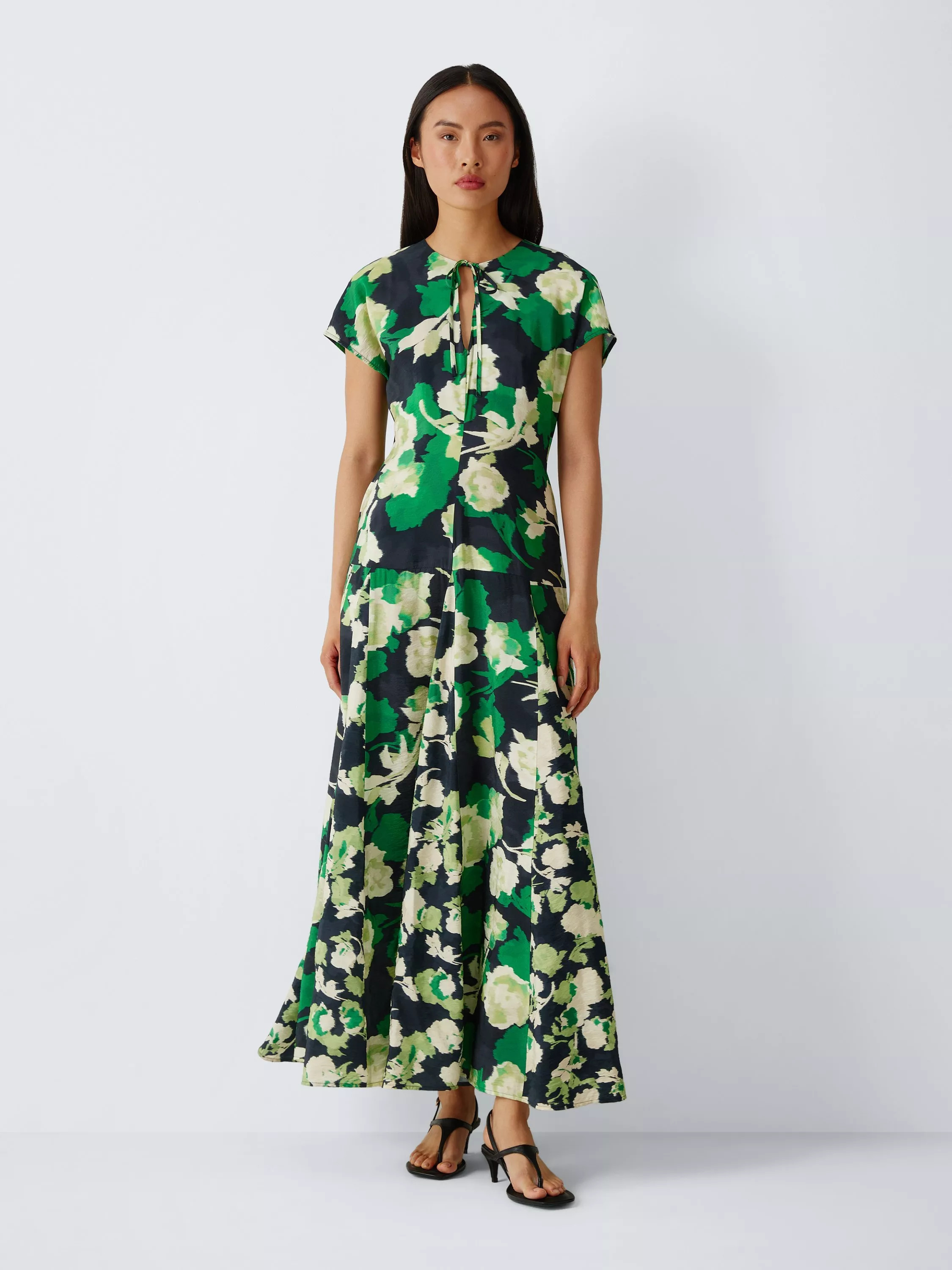 John Lewis Floral Print Cap Sleeve Godet Midi Dress, Print | John Lewis (UK)