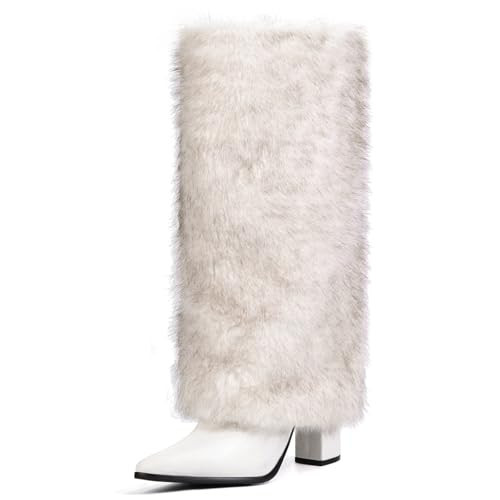 QLR 3.3-inch Chunky Knee High Fur Heel Boots Furry Fuzzy Fluffy Pointed Toe Boots for Women, Tall Long Wide Calf Boot with Side Zipper Fall Winter Snow Fold Over | Amazon (US)