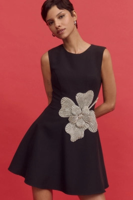 Mac Duggal Sleeveless Rhinestone Flower Crepe A-Line Mini Dress | Anthropologie (US)