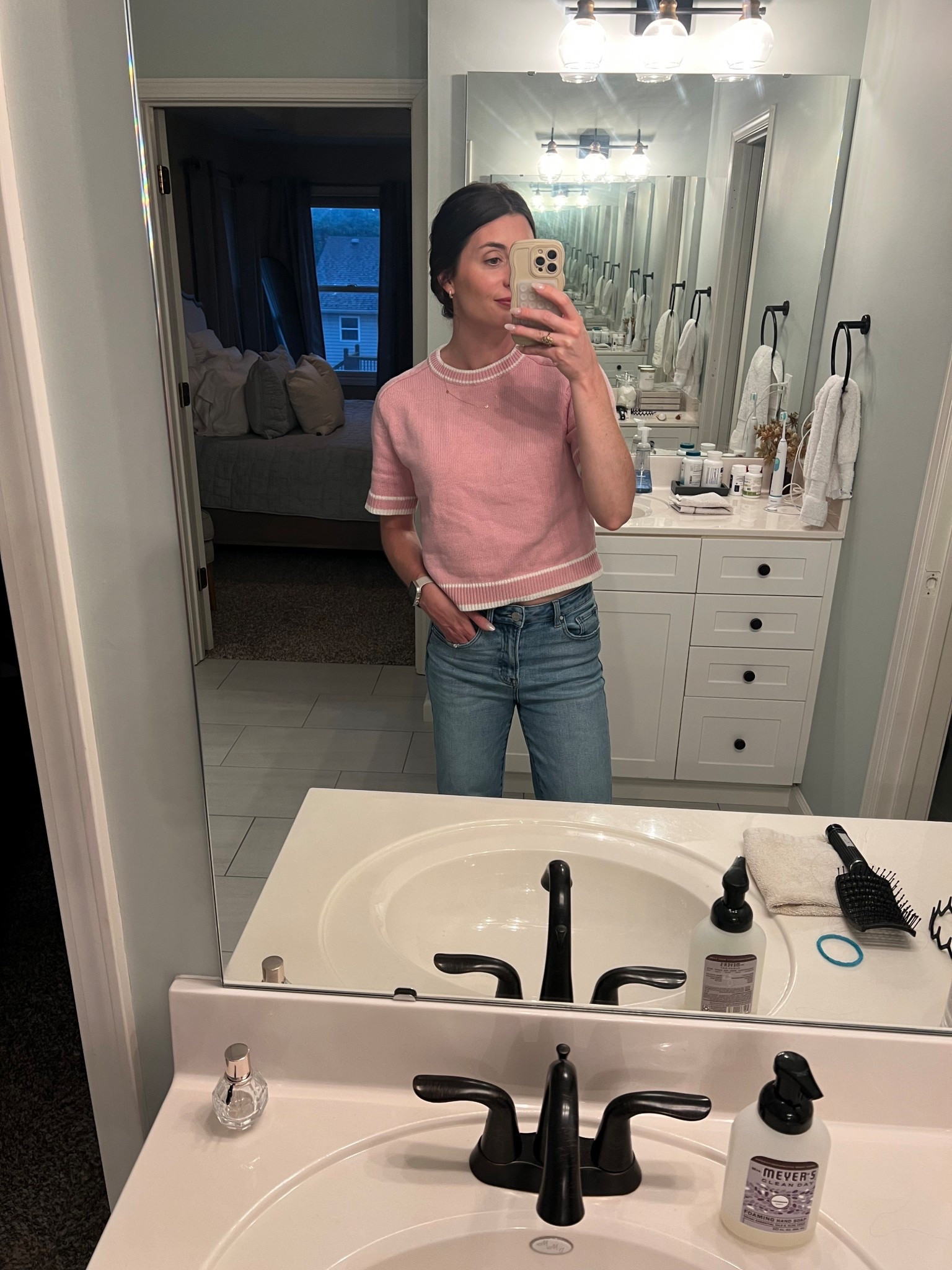Cutest pink sweater tee to transition to fall! Wearing a small. Slightly cropped. Jeans are high-waisted, size 27, short (5’-4”). Shoes are true to size  

#LTKFallSale #LTKSaleAlert #LTKSeasonal