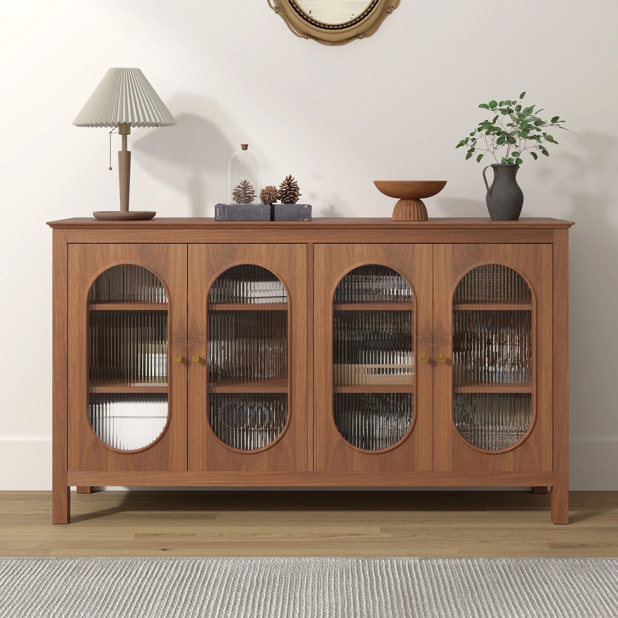Giratree Walnut Sideboard and Buffets, Modern Storage Cabinets with 4 Doors and Adjustable Shelve... | Walmart (US)