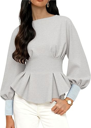 Zhiyouni Women's Peplum Sweatshirt Round Neck Balloon Long Sleeve Pullover Tops Tunic Shirt | Amazon (US)