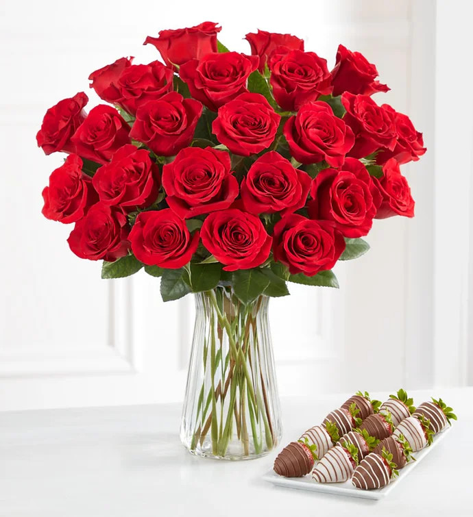 Deliciously Decadent™ Red Roses & Drizzled Strawberries | Shari's Berries