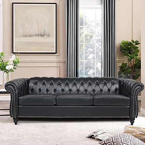 LEVNARY Chesterfield Sofa, Classic Tufted Upholstered Leather Couch, Modern 3 Seater Couch Furniture with Tufted Back for Living Room Office (Black) | Amazon (US)