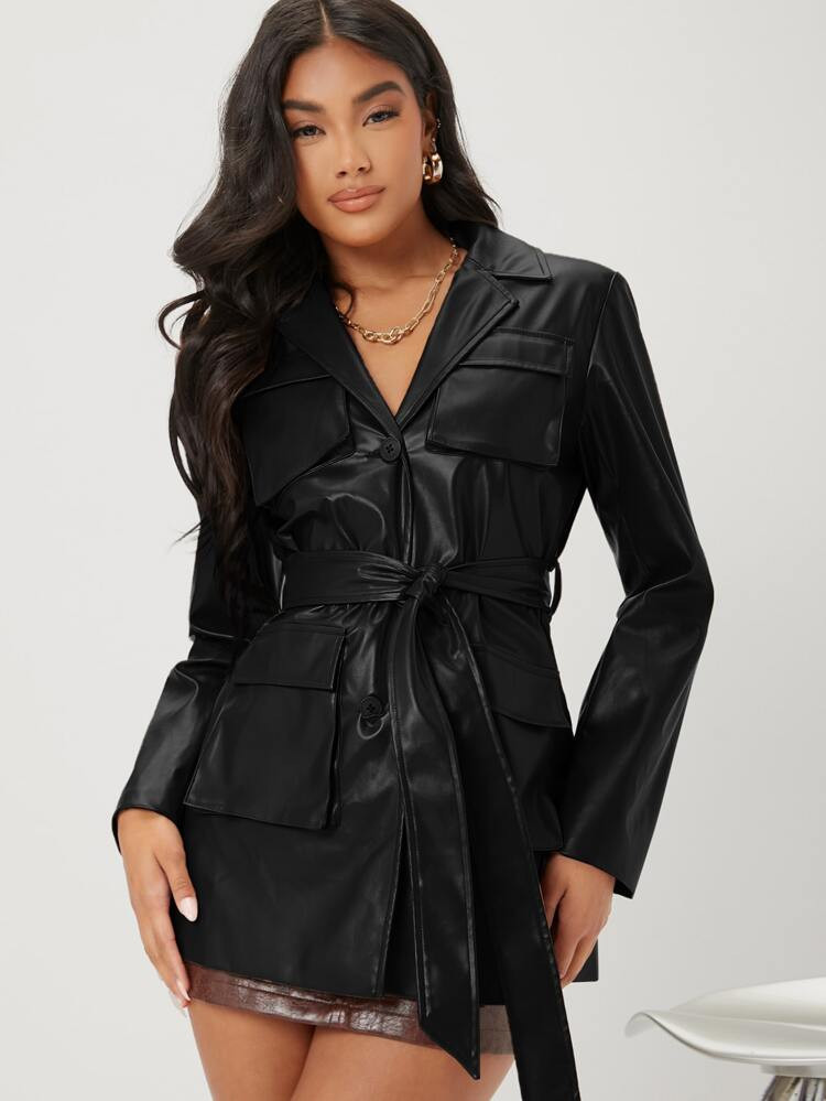 SHEIN Flap Pocket Belted PU Leather Coat | SHEIN