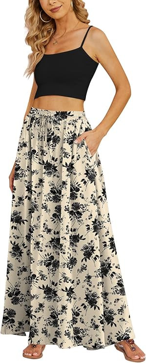 Women's Flowy Maxi Skirt Summer Pleated High Waisted Casual Long Skirts with Pockets | Amazon (US)
