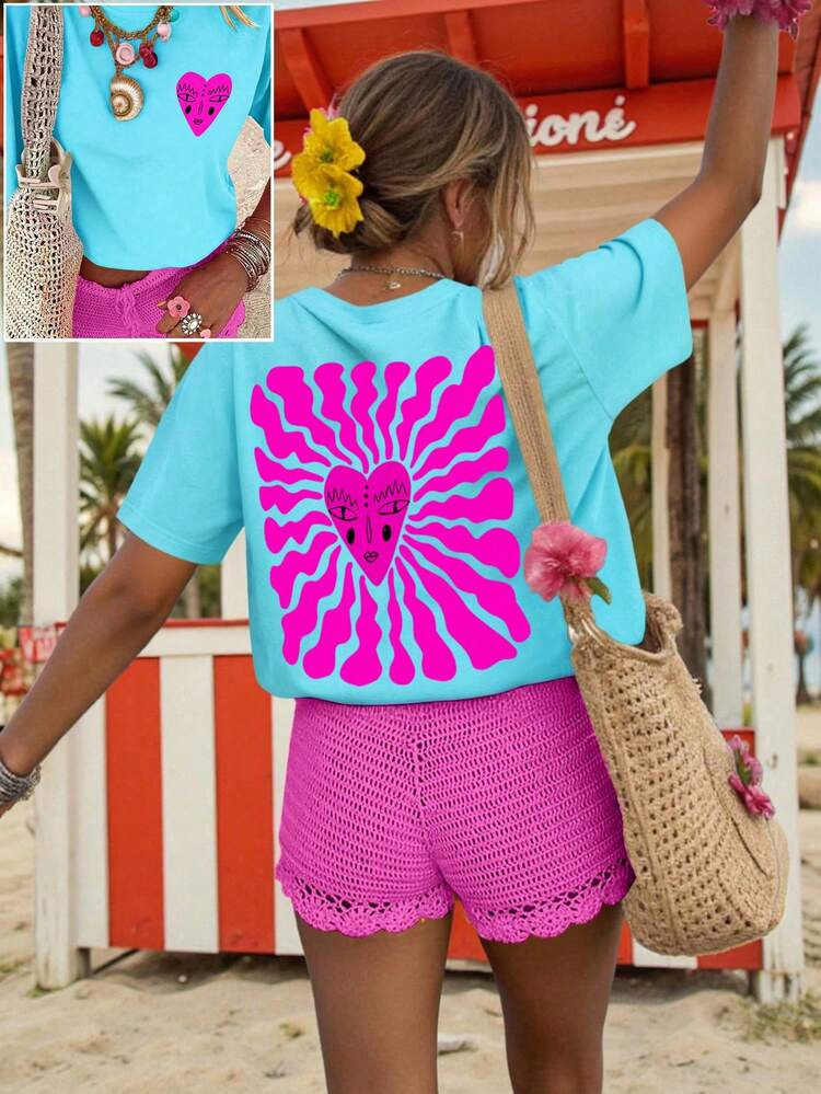 Women's Summer Crew Neck Short Sleeve T-Shirt, Featuring A Casual Yet Playful Style, This Printed Tee Adds A Touch Of Laid-Back Personality To Your Daiar. The Bold Color-Blocking Design And Coastal-Inspired Elements Give It An Effortless Cool Vibe, Making It Versatile For Any Outfit. Women's Beach Outfits Vacation Outfits Women Summer Outfits Women Beach Outfit For Women Set Girls Summer Holiday Outfits | SHEIN