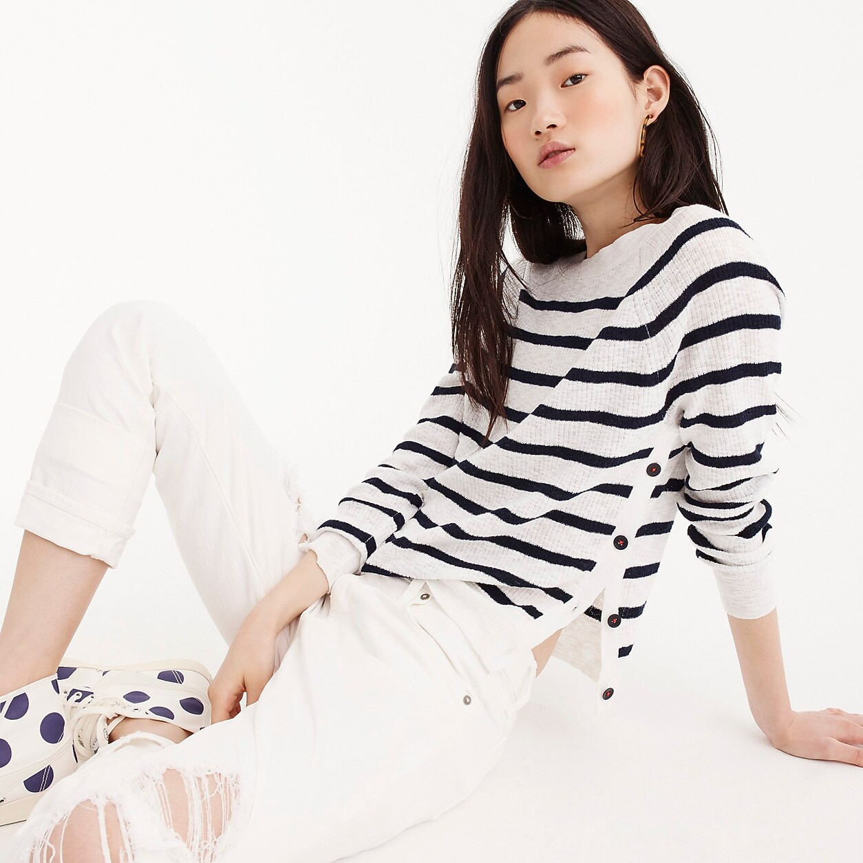 Striped crewneck sweater with side buttons | J. Crew US