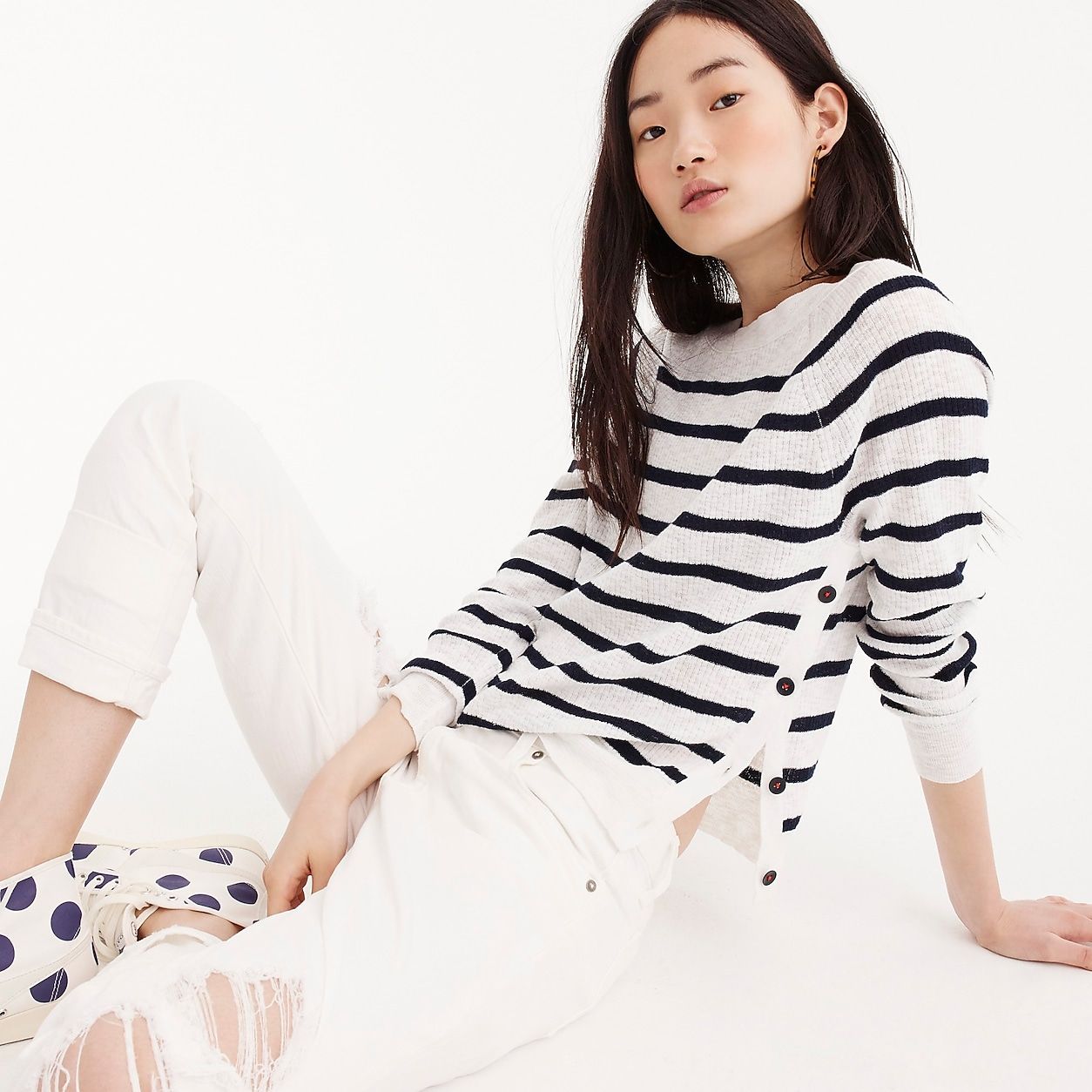 Striped crewneck sweater with side buttons | J.Crew US
