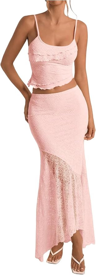 GORGLITTER Women's Two Piece Maxi Skirt Sets Summer Outfits Going Out Lace Asymmetrical Long Skir... | Amazon (US)