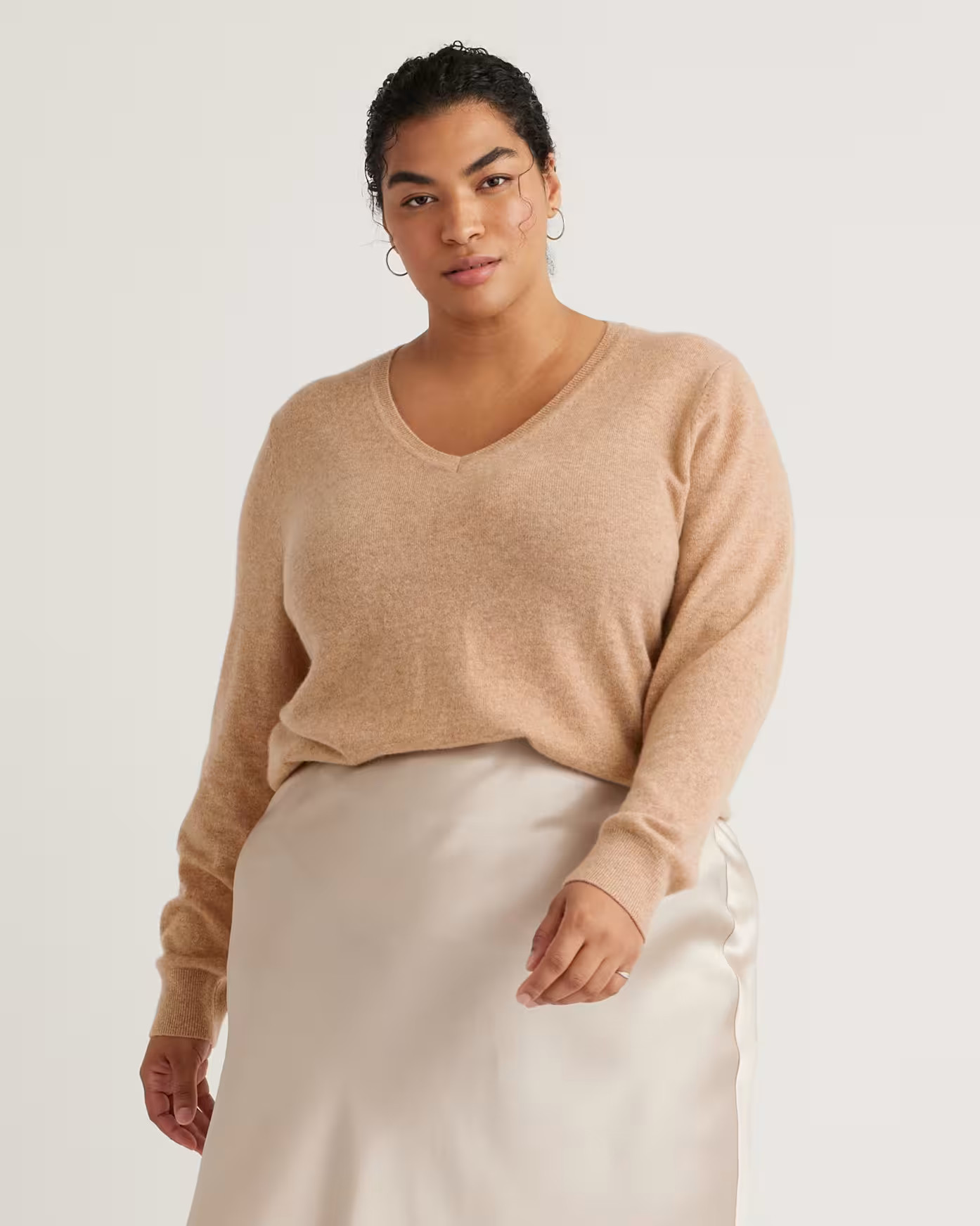 Mongolian Cashmere V-Neck Sweater - Plus Size in Camel | Quince