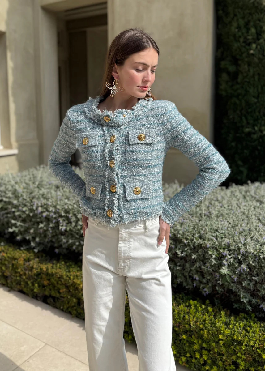 April Light Blue Tweed Jacket with Gold Buttons | Benaar La