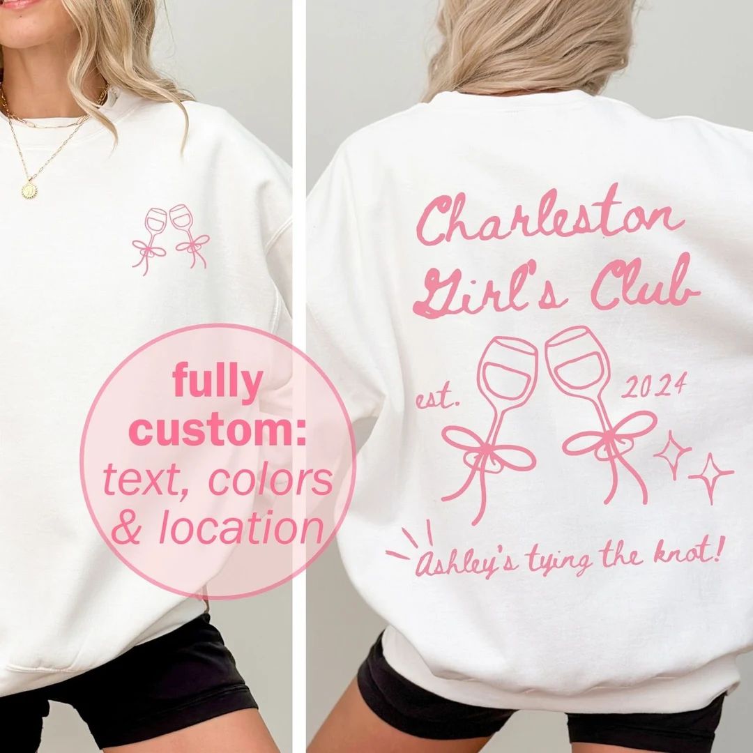 Custom Pink Bow Coquette Girls Bachelorette Club Sweatshirts, Personalized Pink Bow Ribbon Crewne... | Etsy (US)