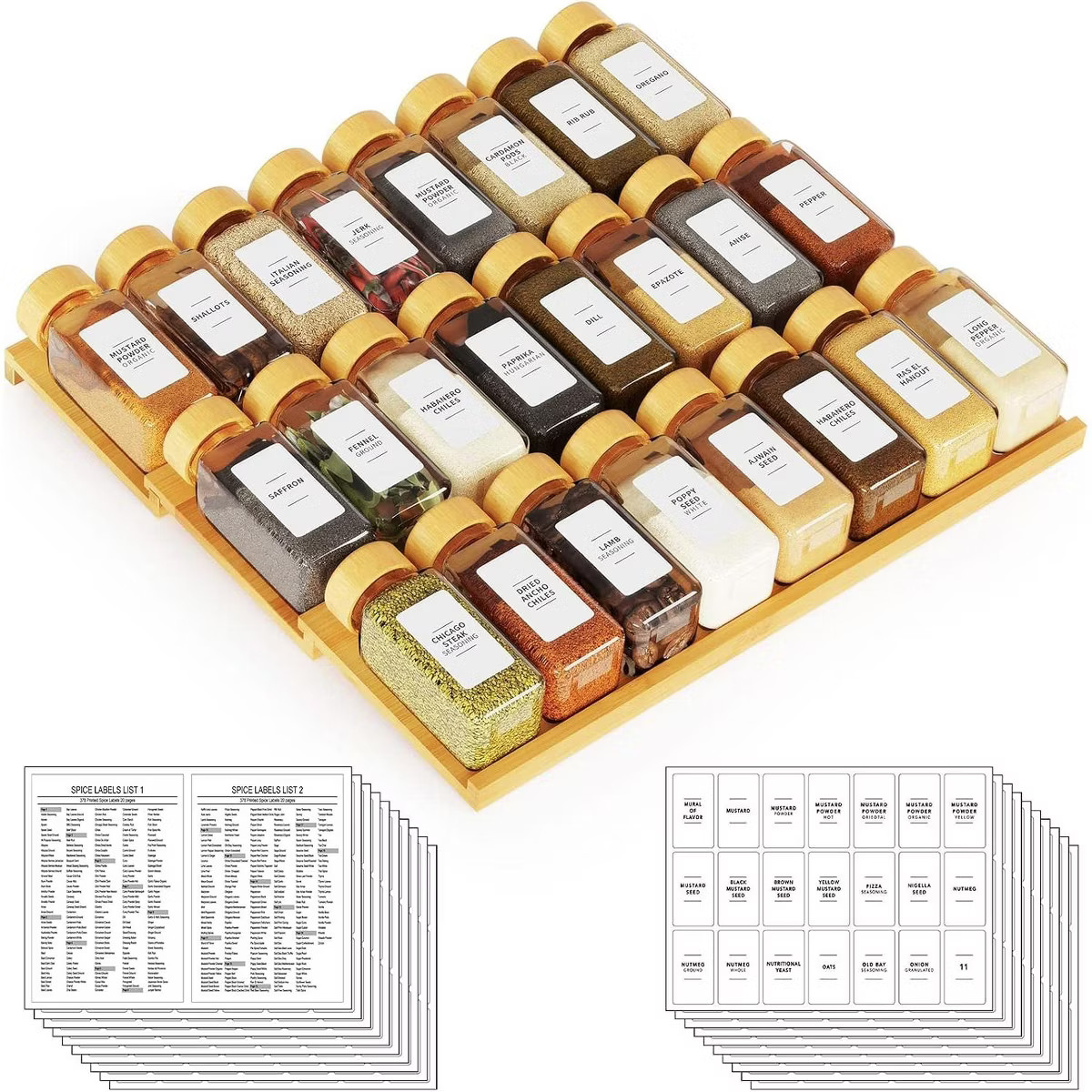 3 Tier Bamboo Spice Drawer Organizer with 24 Jars, 378 White Labels | Target
