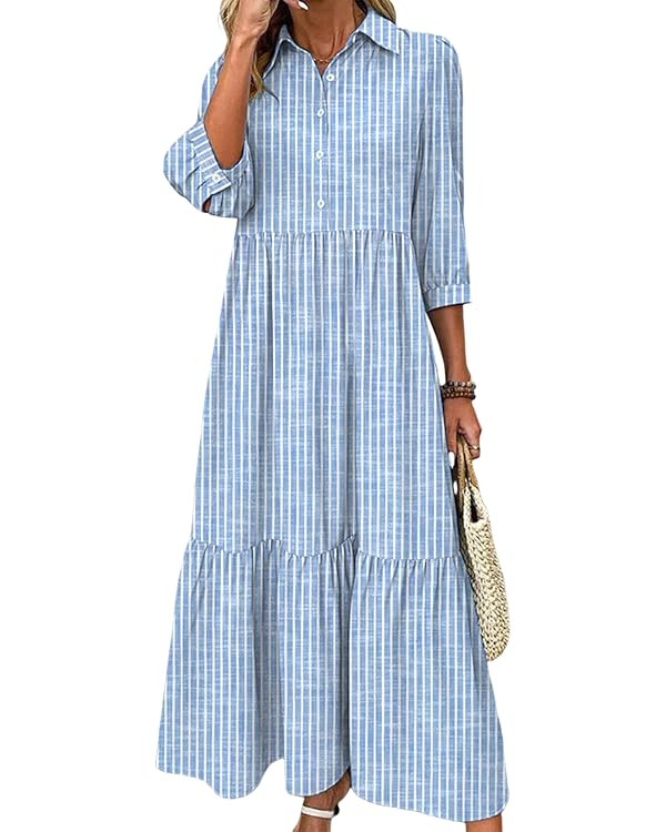 Womens Maxi Dress Breezy Striped Print 3/4 Sleeve 2025 Summer Fashion Dress | Amazon (US)