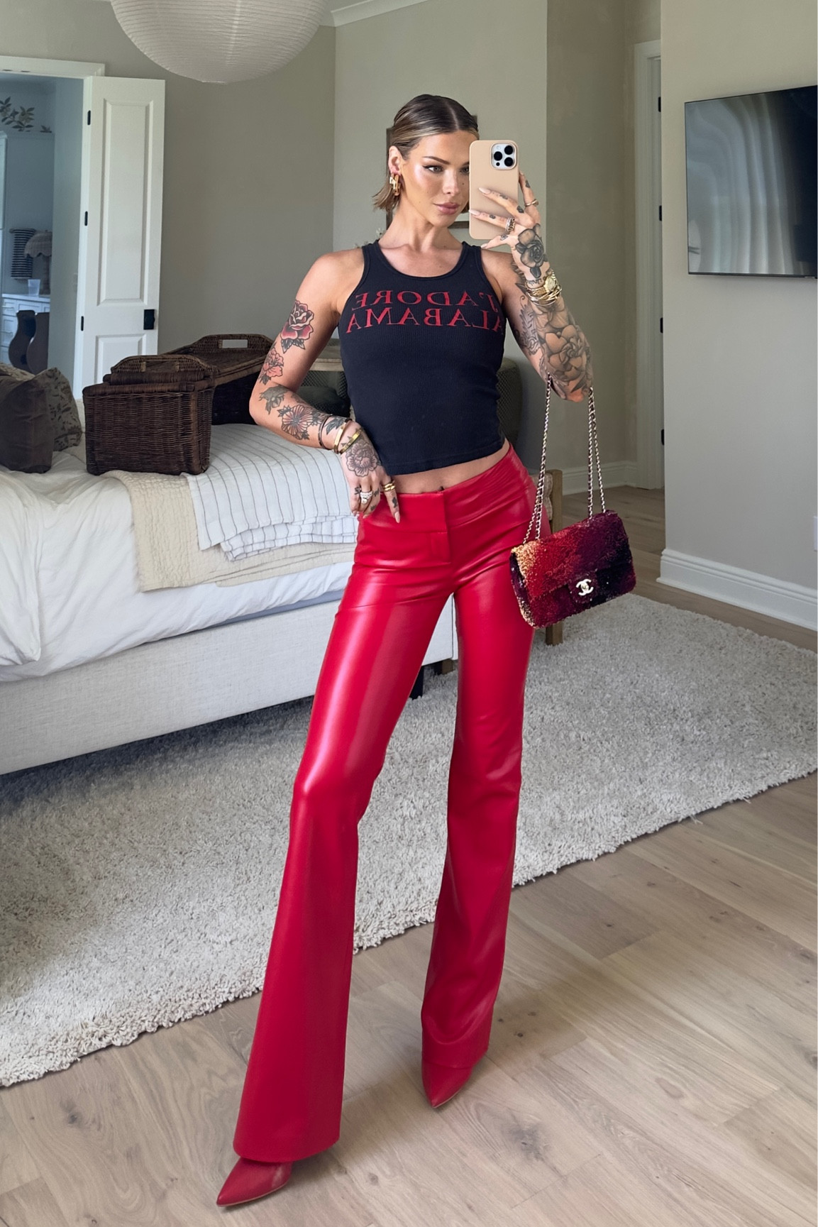 Red on sale leather pant