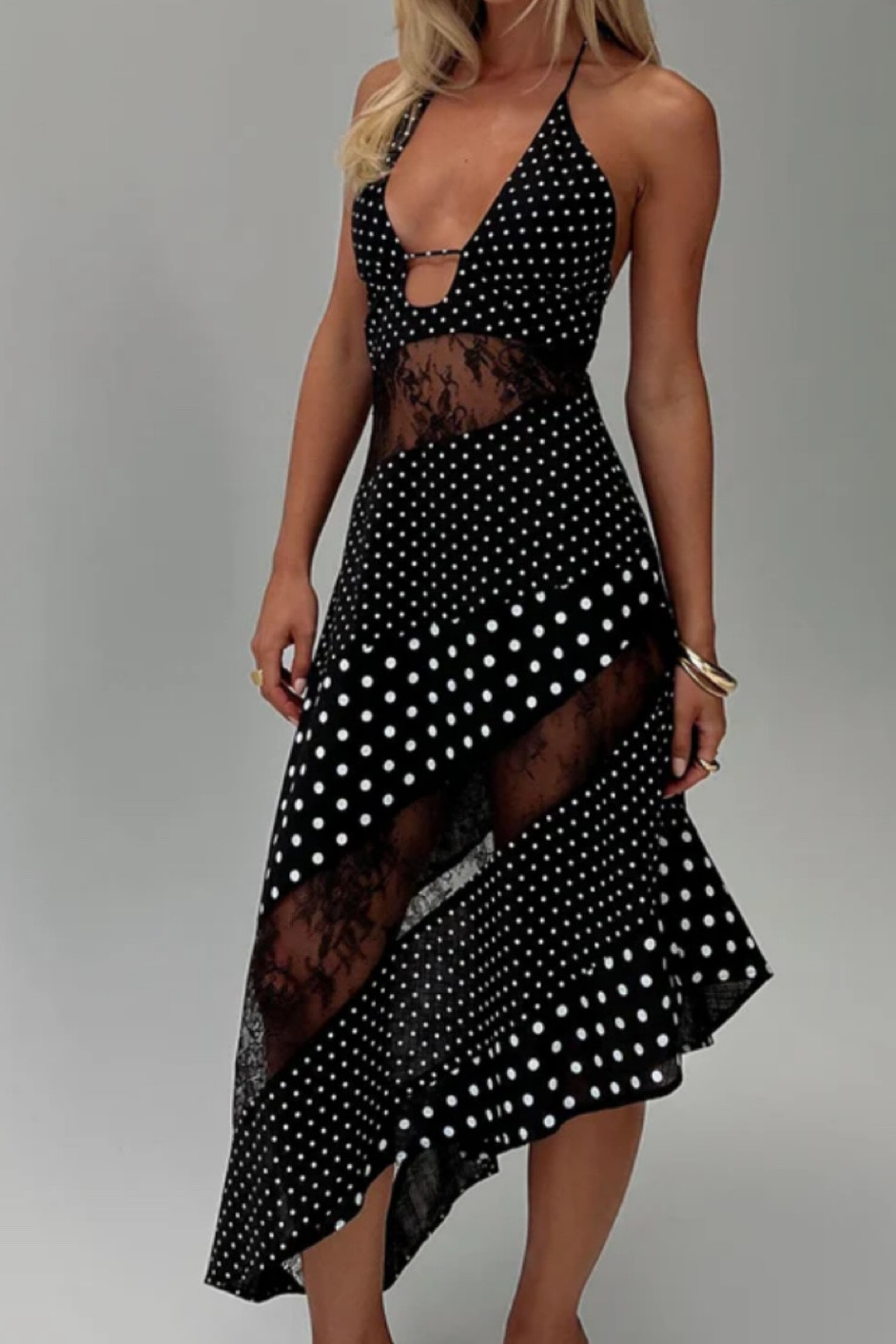 knee length dresses for ladies Womens Polka Dot Midi Dress | Black and White | Wrap Style main image 0
