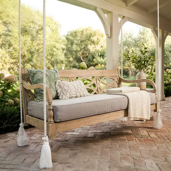 Cambridge Casual Renley Wood Outdoor Porch Swing Daybed with Cushion - Lime Wash/Oyster Cushion | Bed Bath & Beyond