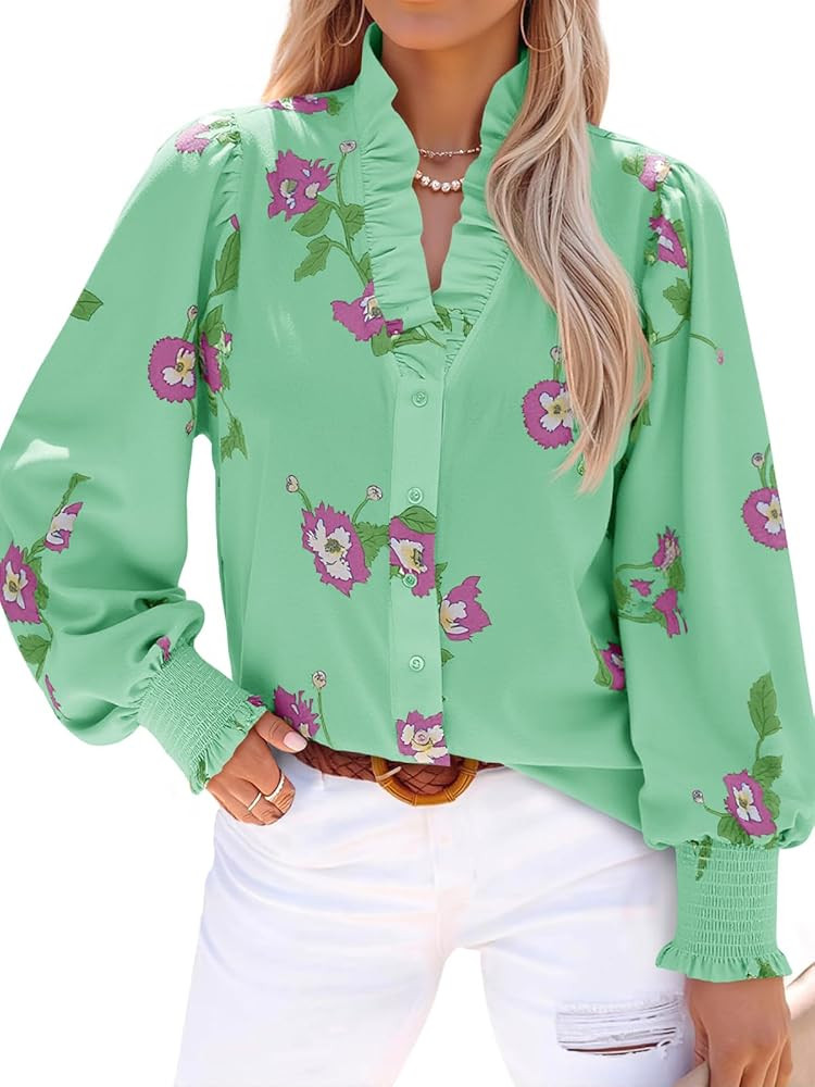 Tankaneo Womens Floral Ruffle Blouses Dressy Casual Long Puff Sleeve Boho Tops V Neck Button Down... | Amazon (US)