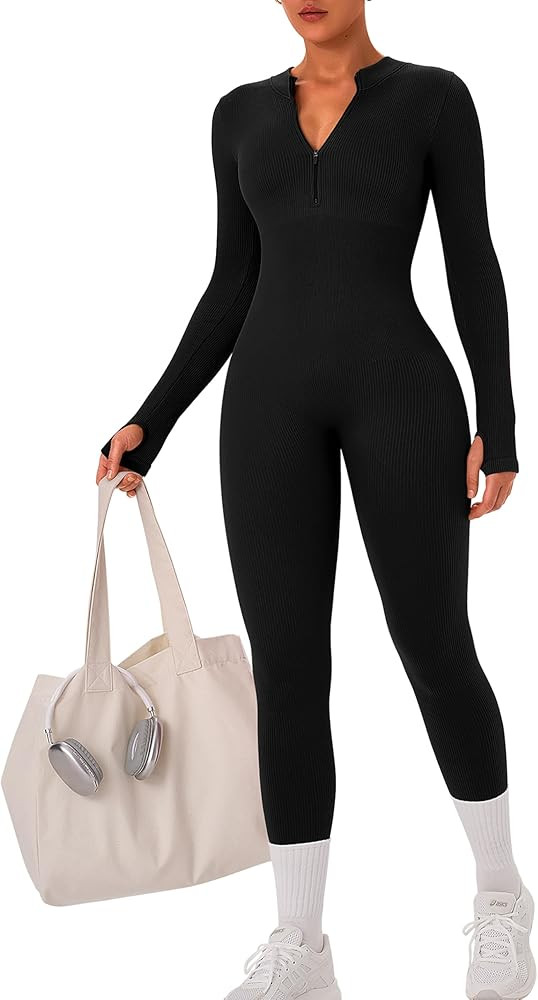 OLCHEE Womens Long Sleeve Workout Jumpsuit Seamless Ribbed Tummy Control Yoga Bodycon Zip Up One ... | Amazon (US)