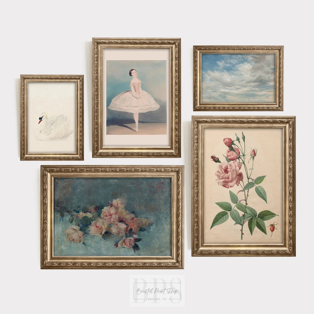 Vintage Nursery Gallery Wall | Set of 5 | Ballerina Art | Swan Print | Antique Pink Rose Illustra... | Etsy (US)