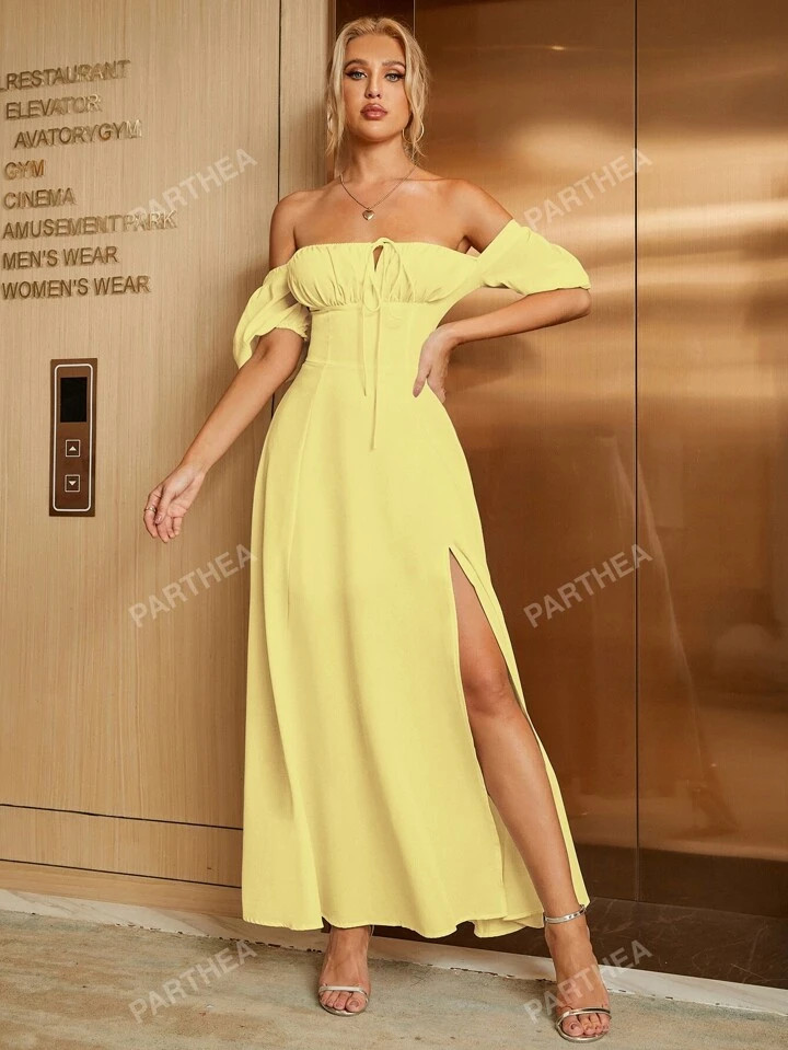 PARTHEA Off Shoulder Tie Front Split Thigh Dress | SHEIN