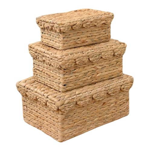 ChumDecor Scalloped Basket Set of 3 – Woven Seagrass Storage Baskets with Lids – Decorative Natural Bins Baskets for Organizing, Boho Home, Shelves, Bathroom Decor | Amazon (US)