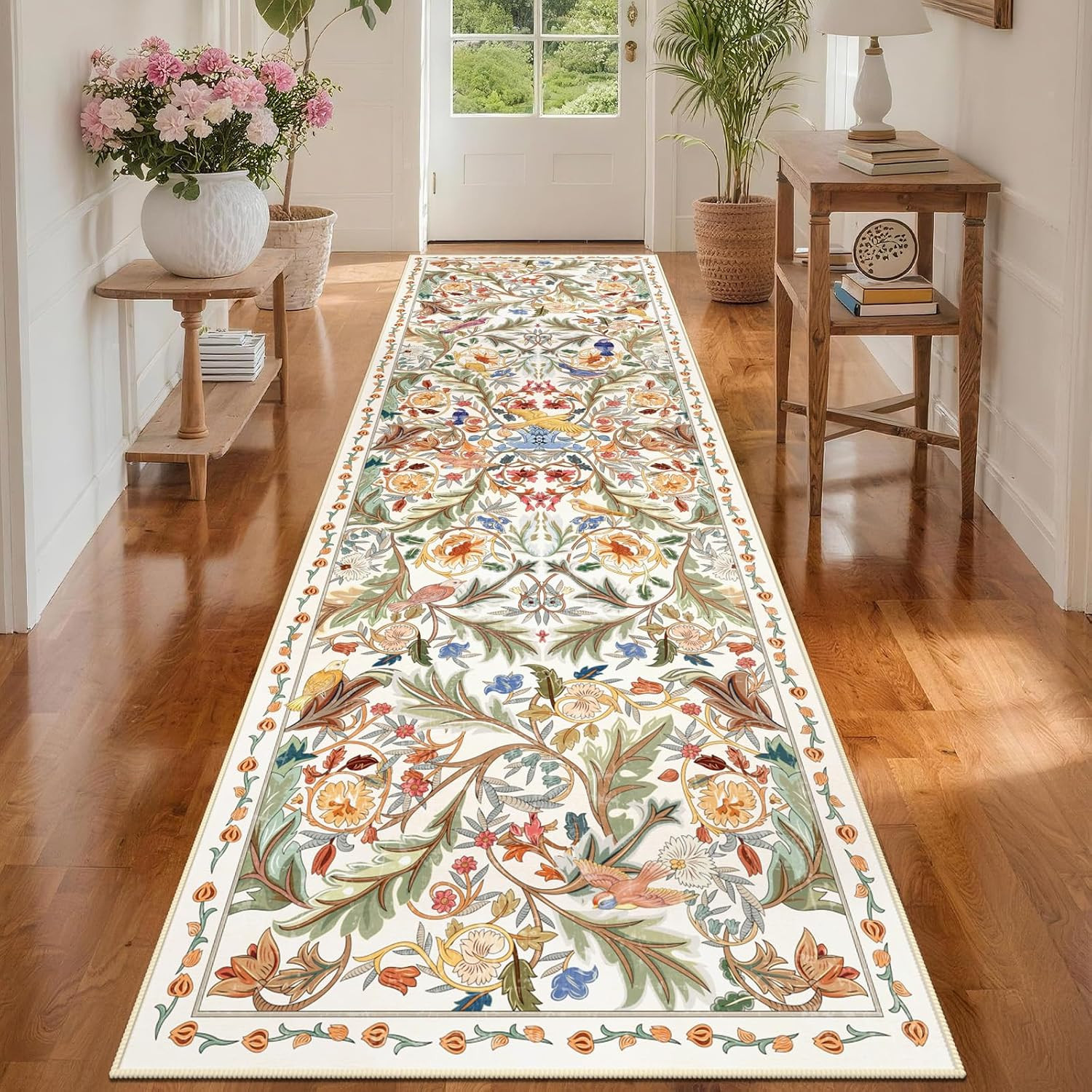 nesrt Boho Bird Runner Rug 3x10Ft for Hallway, Washable Long Kitchen Rug Runner Non-Slip, Thin Low Profile Indoor Farmhouse Entryway Floor Carpets for Doorway Entryway Home Decoration (White) | Amazon (US)