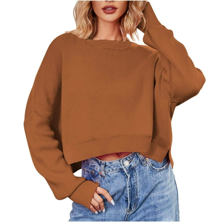 Utoimkio Women's Knit Cropped Sweater Pullover Square Collar Long Sleeve Cable Knitted Casual Loo... | Walmart (US)