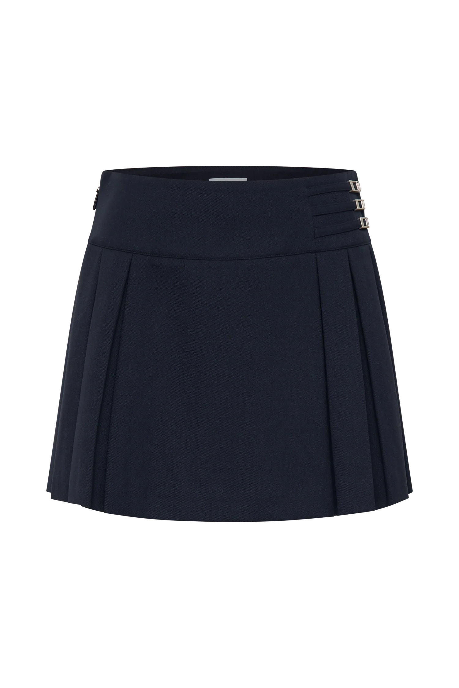 Pleated Buckle Mini Skirt - Dark Navy | MESHKI US