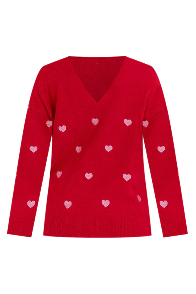 Distant Thoughts Red V-Neck Heart Sweater FINAL SALE | Pink Lily