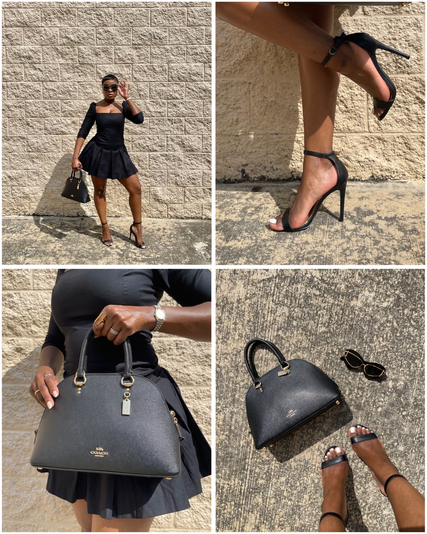 Black fit and flare pleated mini dress, reformation dress, coach satchel purse, all black summer outfit, black and gold outfit, black sandals, pixie haircut