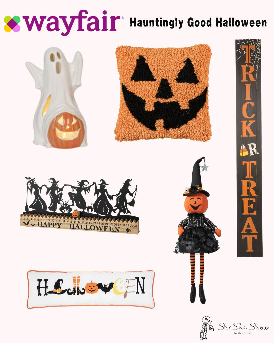 Wayfair 
Halloween decor
Ghost Jack o lantern figurine, porch sign, 
Halloween embroidered pillow, 
 

#LTKHome #LTKSeasonal #LTKFindsUnder50