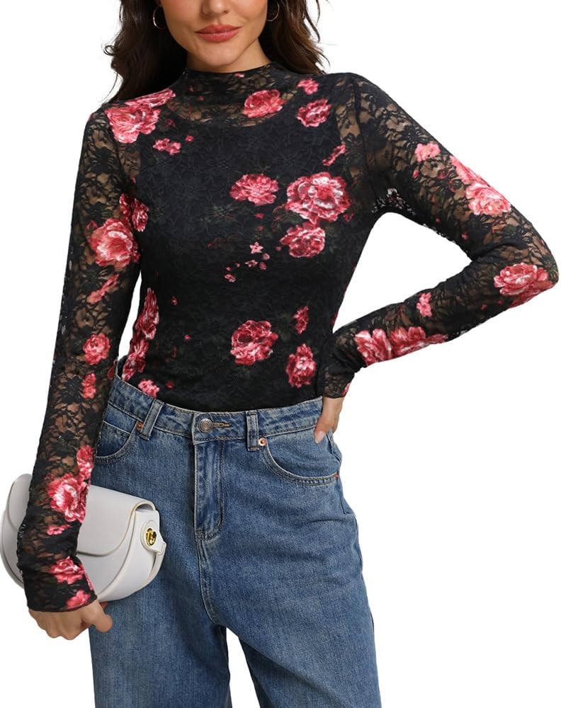 IWOLLENCE Women's Long Sleeve Mock Neck Lace Tops Sexy Floral Western See Through Blouse Sheer Me... | Amazon (US)