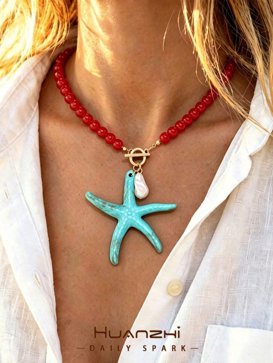1pc Green Starfish Beaded Pendant Necklace, Sexy Exaggerated Red Beaded Starfish Necklace, Ocean ... | SHEIN
