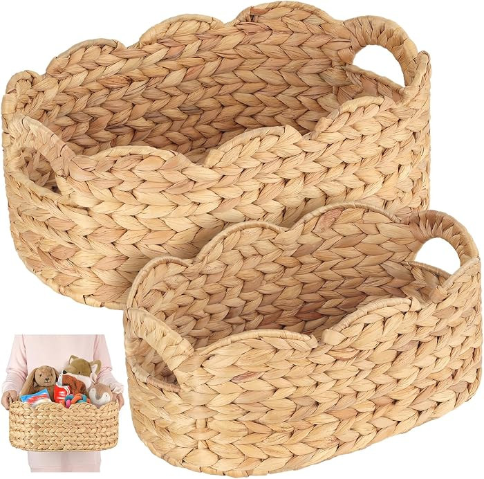 Scalloped Baskets (Natural-Set of 2), Storage Basket, Water Hyacinth Basket for Organizing and De... | Amazon (US)