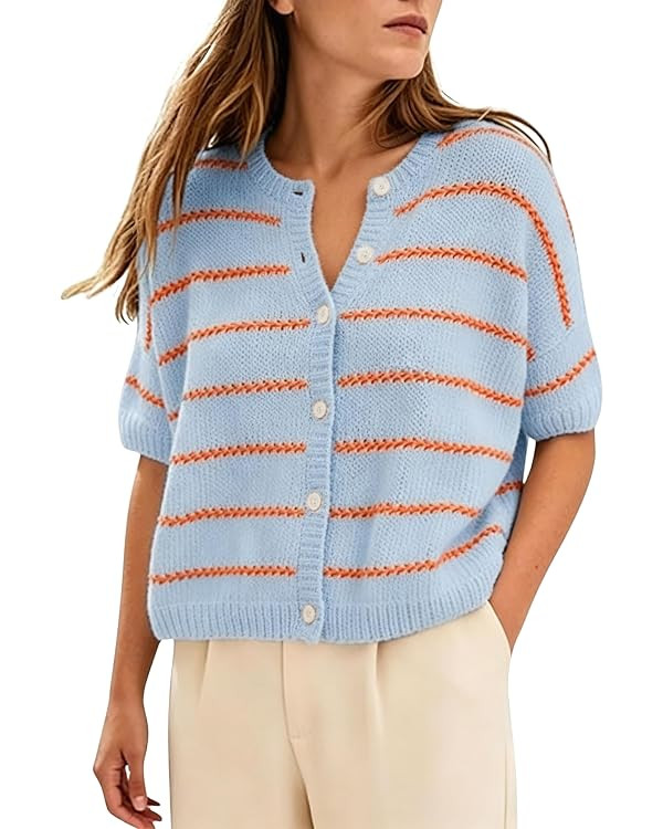 QIBABU Womens Short Sleeve Striped Cardigan Casual Button Down Crewneck Summer Lightweight Croppe... | Amazon (US)