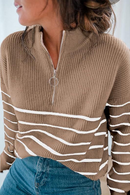 Amkoyam Women’s Striped Sweaters Long Sleeves Knitted Casual Pullovers Loose Fit Shirt Tops with But | Amazon (US)